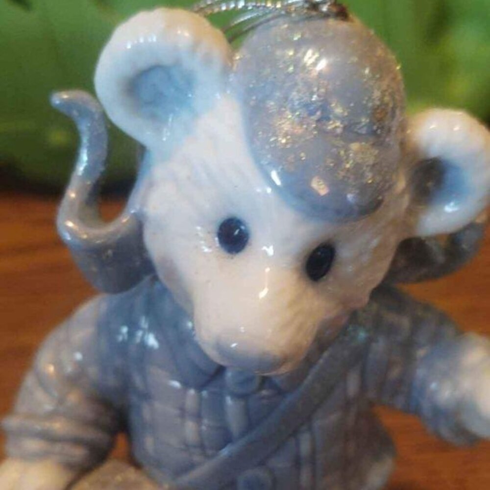 Vintage Light Blue And White Snow Bear With Fishing Creel Basket And Snowshoes